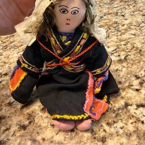 Handcrafted Black Fabric Folk Doll with Multicolor Embroidery